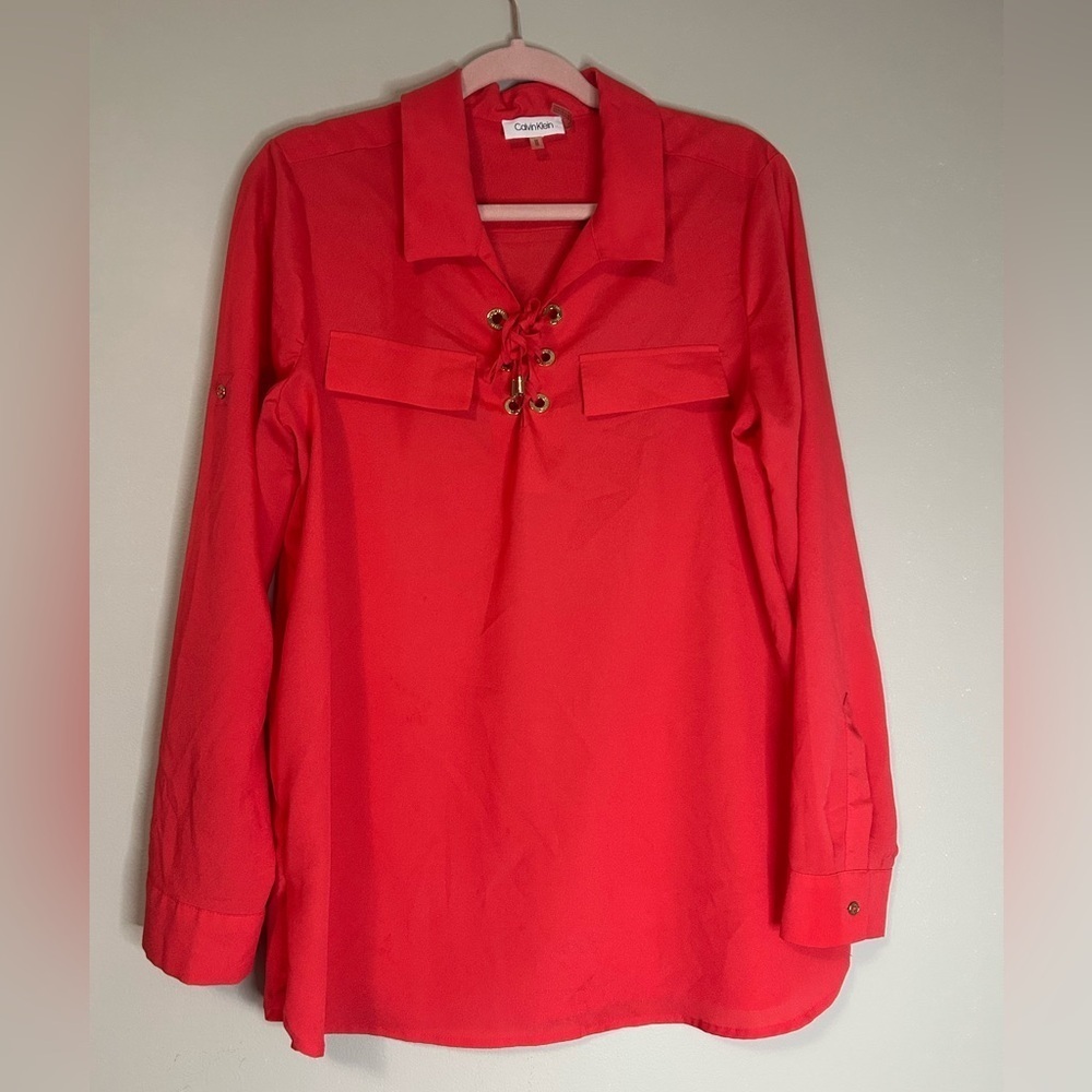 Calvin Klein Orangish Reddish Long Sleeve Tie Front Blouse, Size M